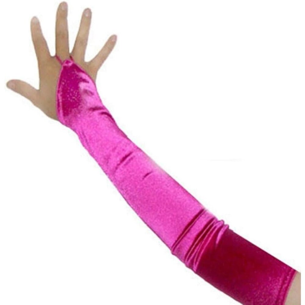Women's Fuchsia Pink Finger Loop Fingerless Long Satin Gloves Wedding Party Prom